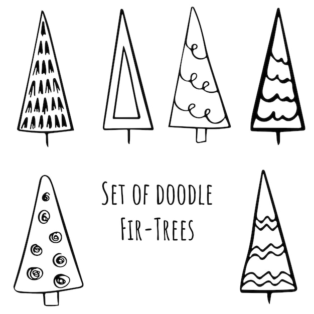 Set of Hand drawn stylized christmas trees in doodle style. Stock vector illustration