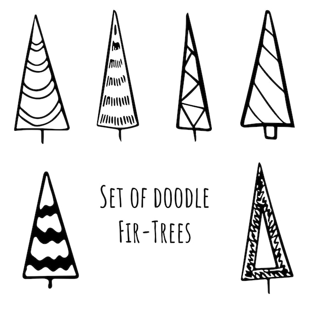 Set of Hand drawn stylized christmas trees in doodle style. Stock vector illustration