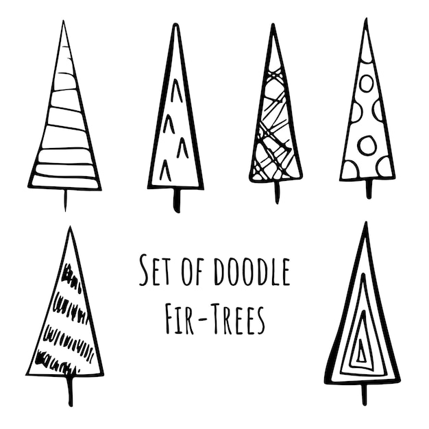 Set of Hand drawn stylized christmas trees in doodle style. Stock vector illustration