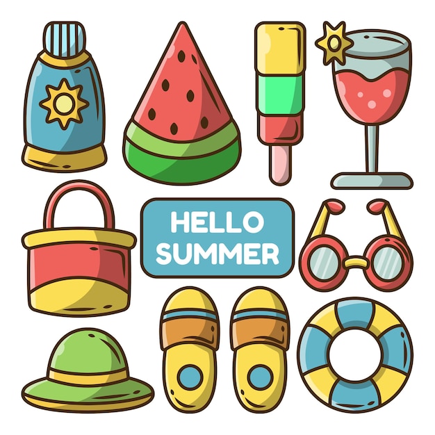 Set of hand drawn summer items cartoon doodle bundle