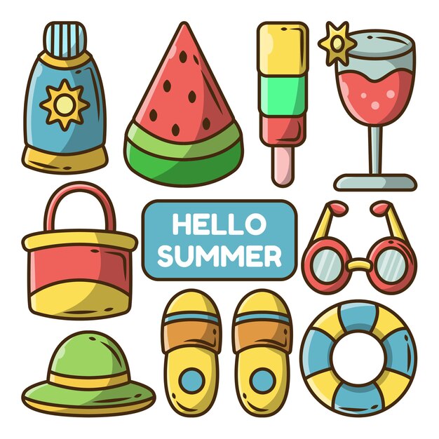 Vector set of hand drawn summer items cartoon doodle bundle