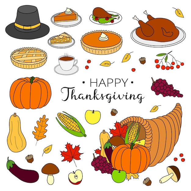 Vector set of hand drawn thanksgiving items