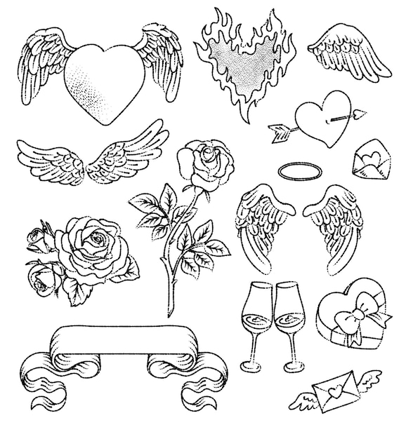 Set of hand drawn traditional valentine day tattoo elements