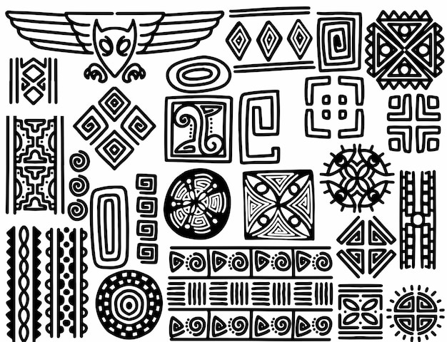 Set of hand drawn tribal objects Abstract geometric ethnic ornament brushes Monochrome isolated on white background