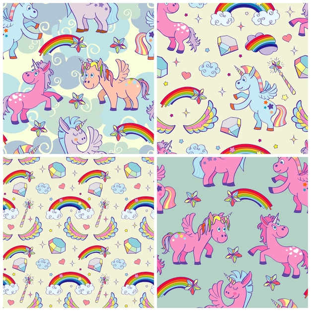 Set of hand drawn unicorns and magic items seamless pattern