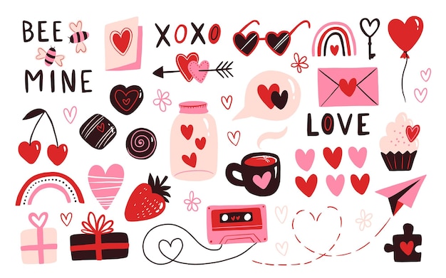 Set of hand drawn Valentines Day elements isolated on white background Hearts rainbow candy strawberry tape present envelope Vector doodle elements for Valentines Day and romantic holidays