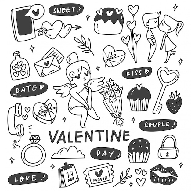 Set of Hand Drawn Valentines in Doodle Style