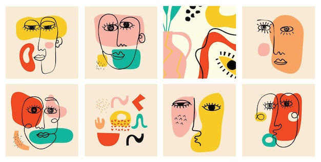 Vector set of hand drawn various faces, shapes and doodle objects. abstract contemporary modern trendy vector illustration.