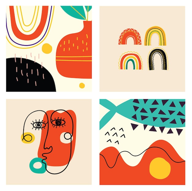 Set of hand drawn various faces, shapes and doodle objects. Abstract contemporary modern trendy vector illustration.