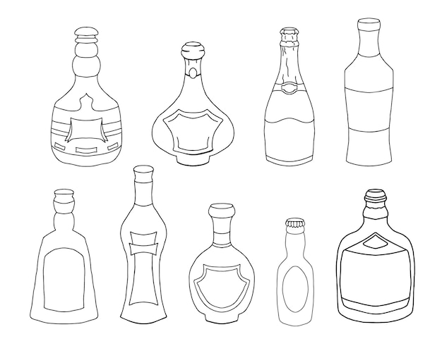 Set of Hand Drawn Various Liquor Bottles