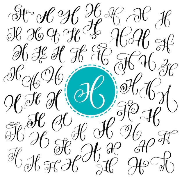 Set of Hand drawn vector calligraphy letter H Script font Isolated letters written with ink