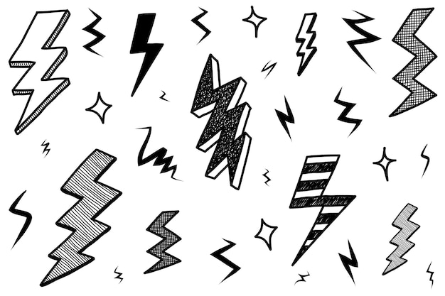 Set of hand drawn vector doodle electric lightning bolt symbol sketch illustrations thunder symbol doodle icon