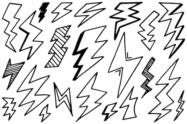 Set of hand drawn vector doodle electric lightning bolt symbol sketch illustrations thunder symbol doodle icon