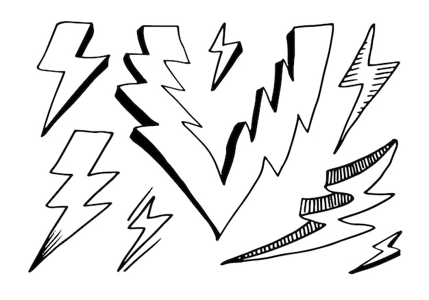 Set of hand drawn vector doodle electric lightning bolt symbol sketch illustrations thunder symbol doodle icon