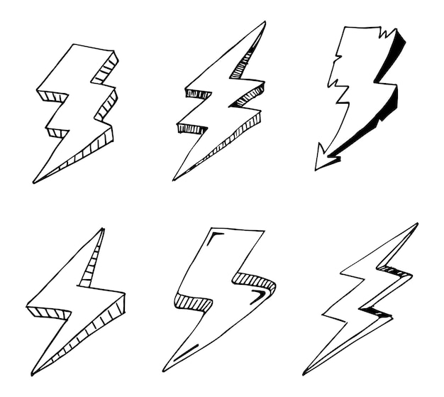 Set of hand drawn vector doodle electric lightning bolt symbol sketch illustrations. thunder, vector ilustration