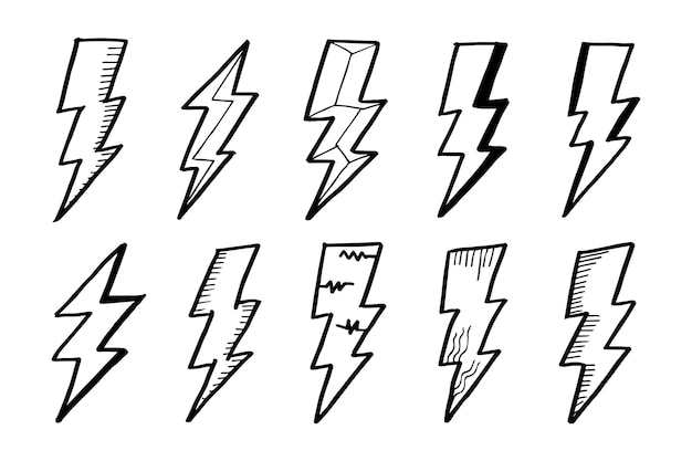 Set of hand drawn vector doodle electric lightning bolt symbol sketch illustrations thunder.