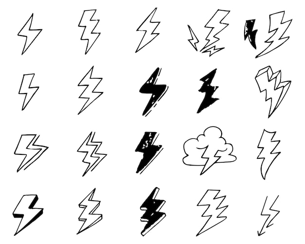 Set of hand drawn vector doodle electric lightning bolt symbol sketch illustrations.vector ilustration