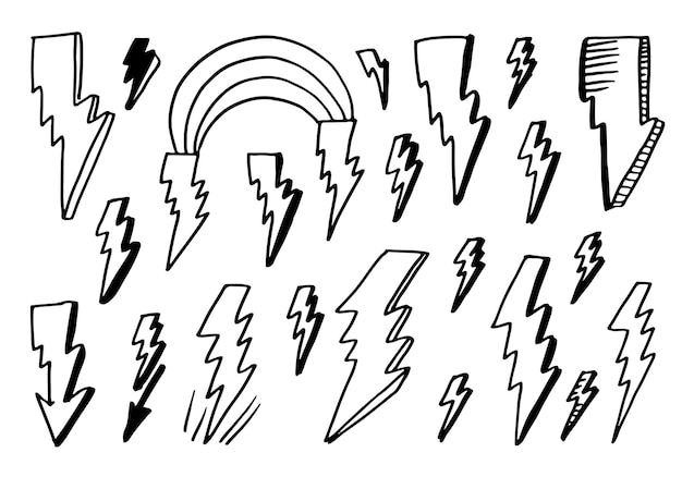 Set of hand drawn vector doodle electric lightning bolt symbol sketch illustrations.