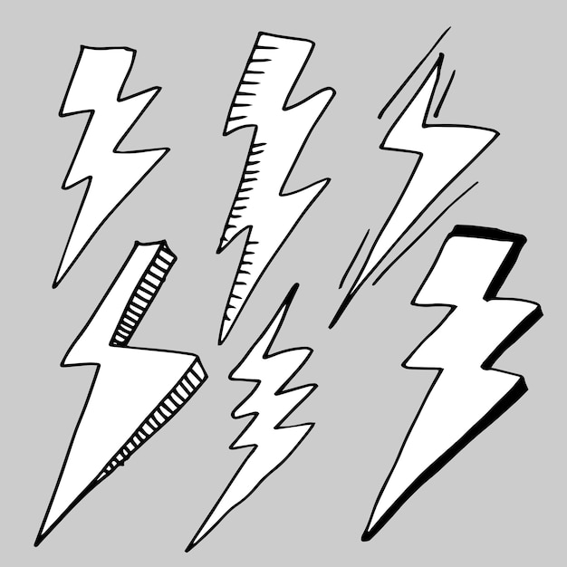 Set of hand drawn vector doodle electric lightning bolt symbol sketch illustrations.