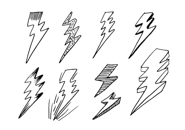 Set of hand drawn vector doodle electric lightning bolt symbol sketch illustrations.