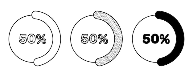 Set of hand drawn vector percentage diagram 50 in doodle cartoon style on white background