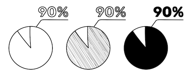 Set of hand drawn vector percentage diagram 90 in doodle cartoon style on white background