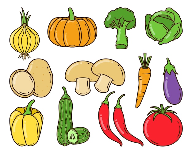 Set of hand drawn vegetable cartoon doodle style