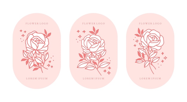 Set of hand drawn vintage pink botanical rose flower and leaf branch elements for feminine logo and beauty brand