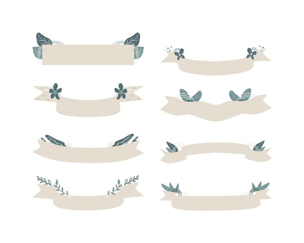 Set of hand drawn vintage ribbons with leaves and flowers Vector illustration