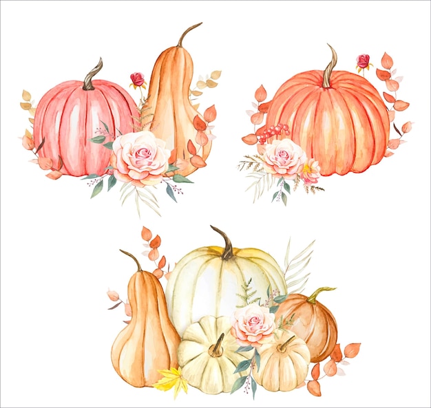 Set of hand drawn watercolor pumpkins autumn illustration