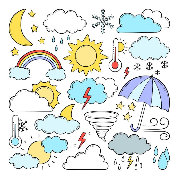 Set of hand drawn weather doodles.