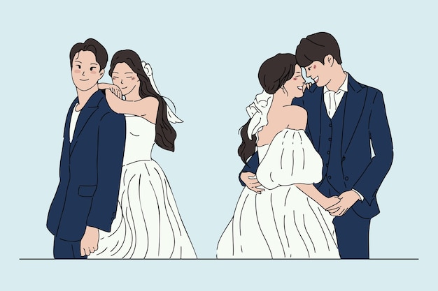 Set of hand-drawn wedding couple, bridal, marriage, wedding concept illustration