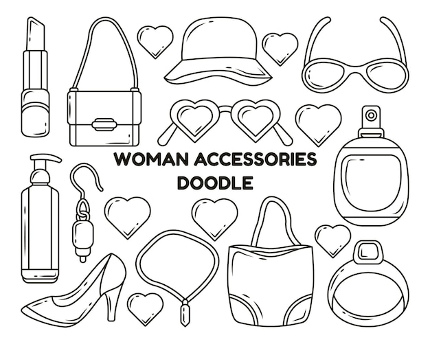 Set of hand drawn woman accessories cartoon doodle style coloring