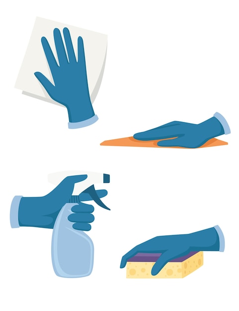 Set of hand in gloves use cleaning tools spray bottle foam rubber sponge and washcloth flat vector illustration isolated on white background