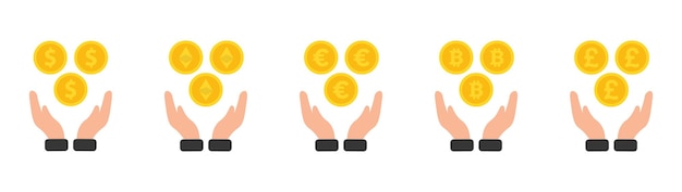 Set Of Hand holding coins icon.,Bitcoin,Ethereum,Dollar Euro,Pound. Vector Illustration