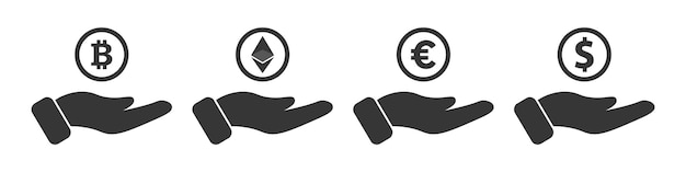 Set Of Hand holding coins icon.Dollar ,Bitcoin,Euro,Ethereum. Vector Illustration