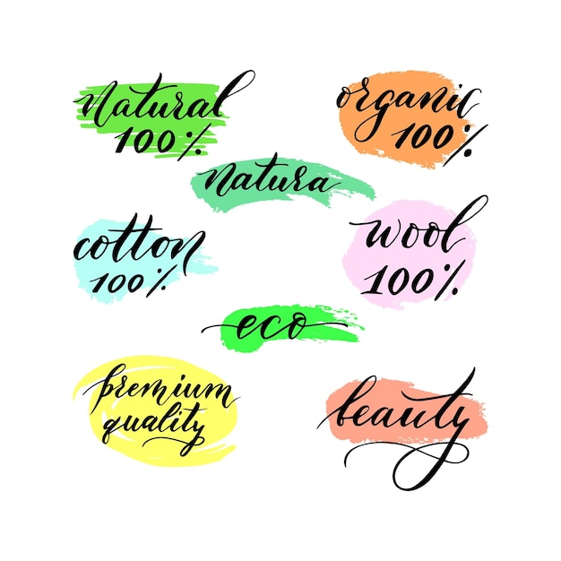 Vector set of hand lettering labels of healthy life ecology beauty on watercolor spots