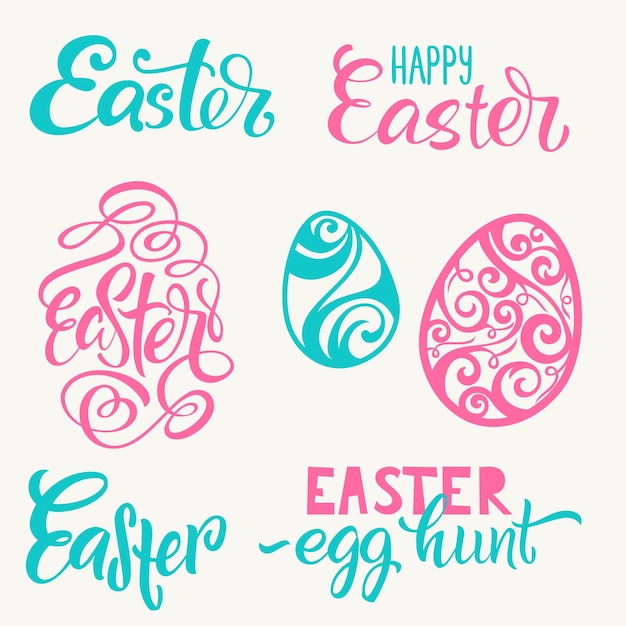 Set of hand written Happy Easter lettering Calligraphic labels design elements and eggs for Easter Vector illustration