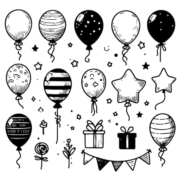 A set of handdrawn balloon illustrations with simple lines illustration