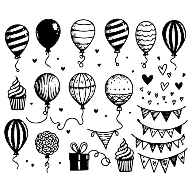 A set of handdrawn balloon illustrations with simple lines illustration