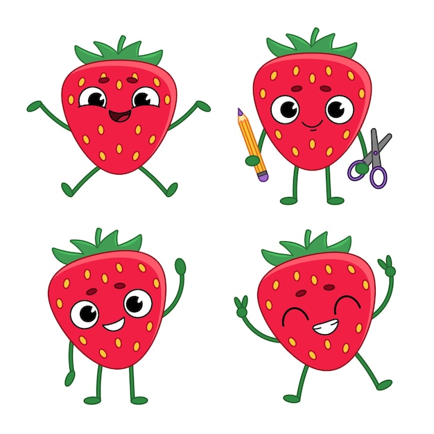 Set of handdrawn cartoon strawberry characters smiling holding scissors and pencil waving hand showing thumb up