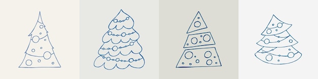 A set of handdrawn christmas trees Vector illustration in doodle style Winter mood Hello 2023 Merry Christmas and Happy New Year Blue elements on a gray background