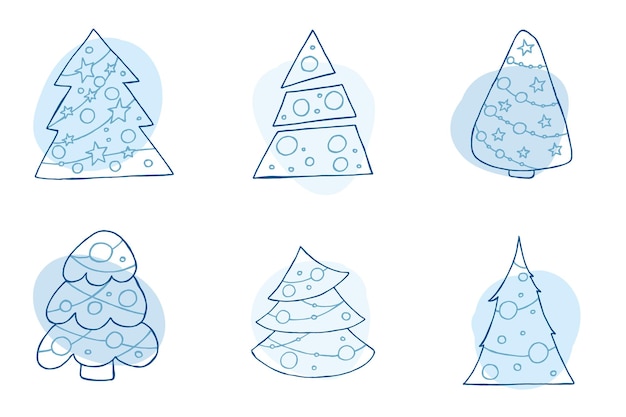 A set of handdrawn christmas trees Vector illustration in doodle style Winter mood Hello 2023 Merry Christmas and Happy New Year Blue elements on a white background