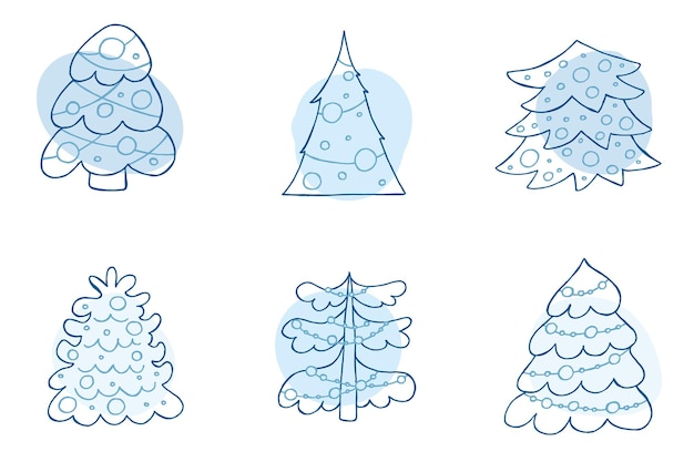 A set of handdrawn christmas trees Vector illustration in doodle style Winter mood Hello 2023 Merry Christmas and Happy New Year Blue elements on a white background