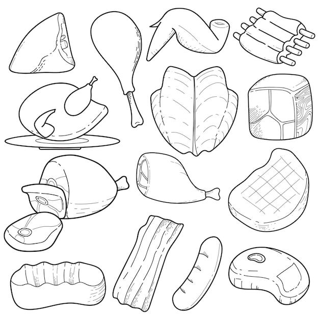 Set of handdrawn doodle illustrations of meat