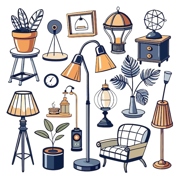 Vector set of handdrawn home decor elements including lamps plants furniture and accessories