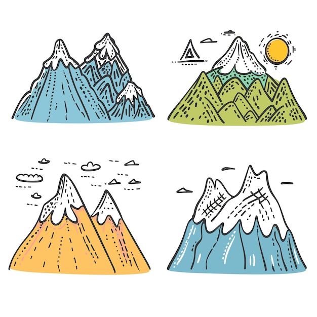 Vector set handdrawn mountains under clear skies sun shining snow peaks colorful mountain range