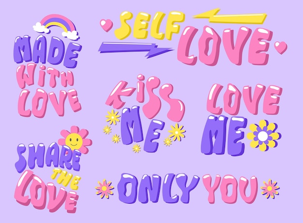 Set of handdrawn short lettering phrases about love. Groovy hippie lettering stickers.