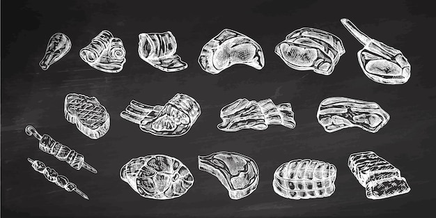 Set of handdrawn sketches of different types of meat steaks chicken kebabs bacon tenderloin pork