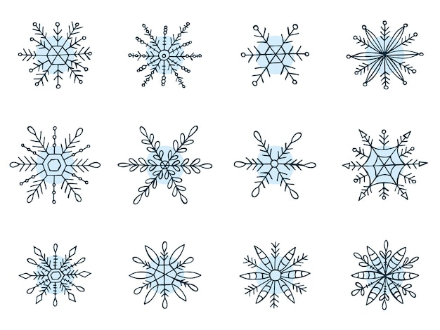 A set of handdrawn snowflakes Vector illustration in doodle style Winter mood Hello 2023 Merry Christmas and Happy New Year Blue elements on a white background